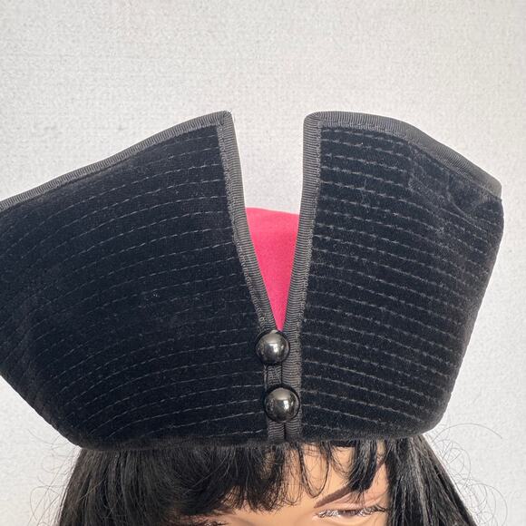 1950s Jaeger London Black Velvet Tilt Cocktail Hat Burgundy 21” Made UK main image 5